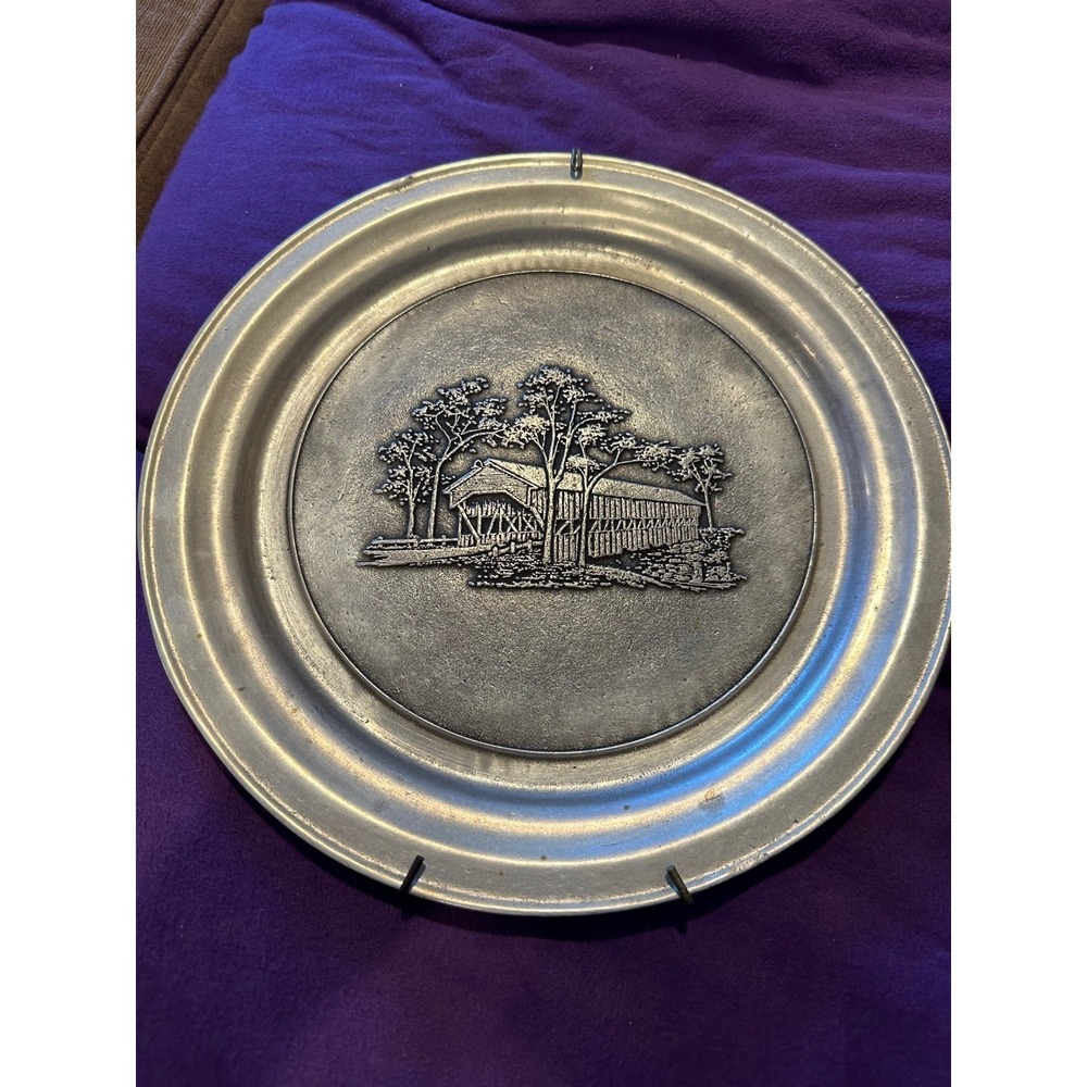 Unbranded Pewter Collector Plate Unisex OS Silver Good Covered Bridge Relief